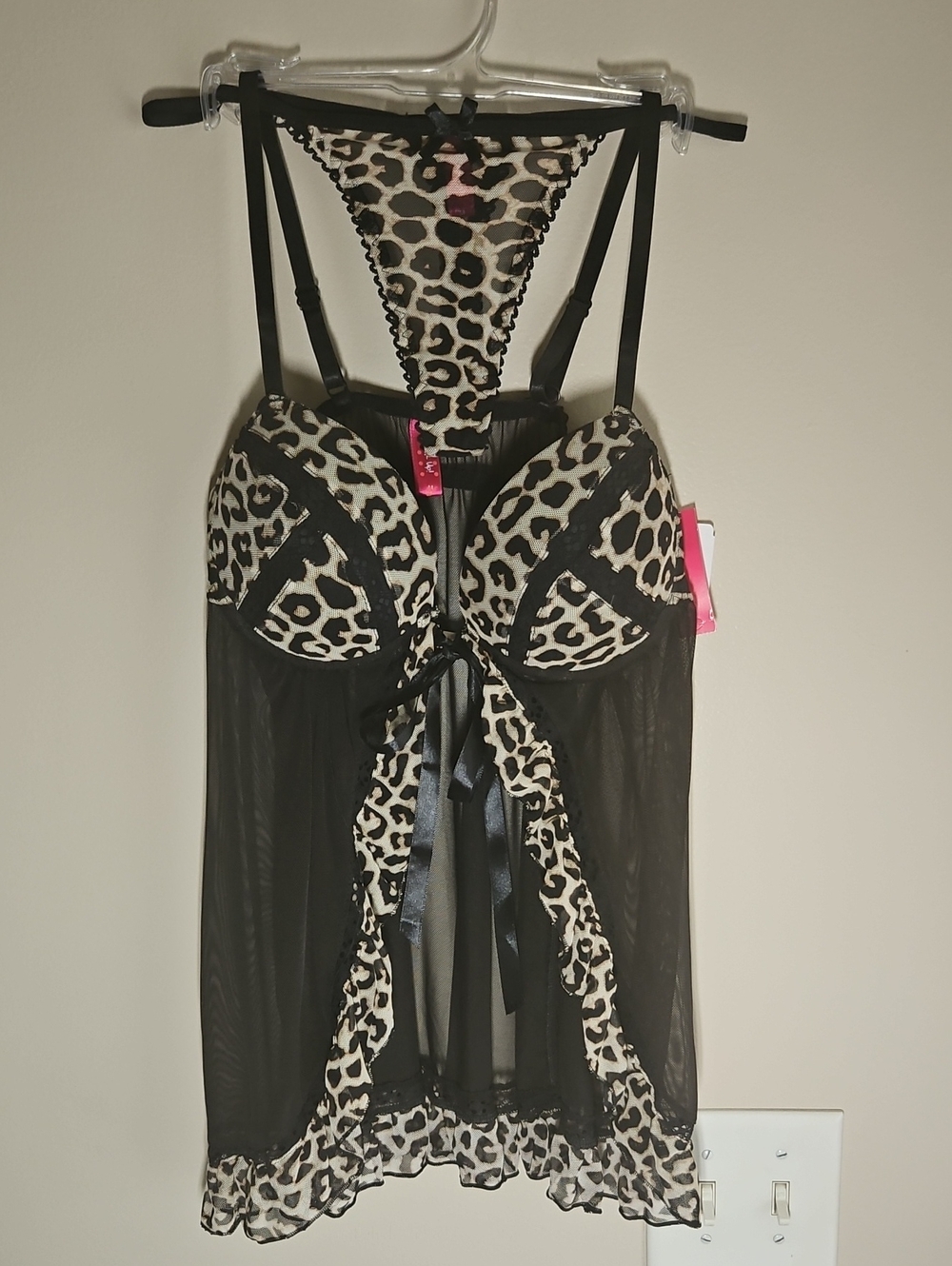Pucker Up! Sz M Black & Leopard Mesh Chemise Lace Thong 2-Pc Set Sheer Lingerie